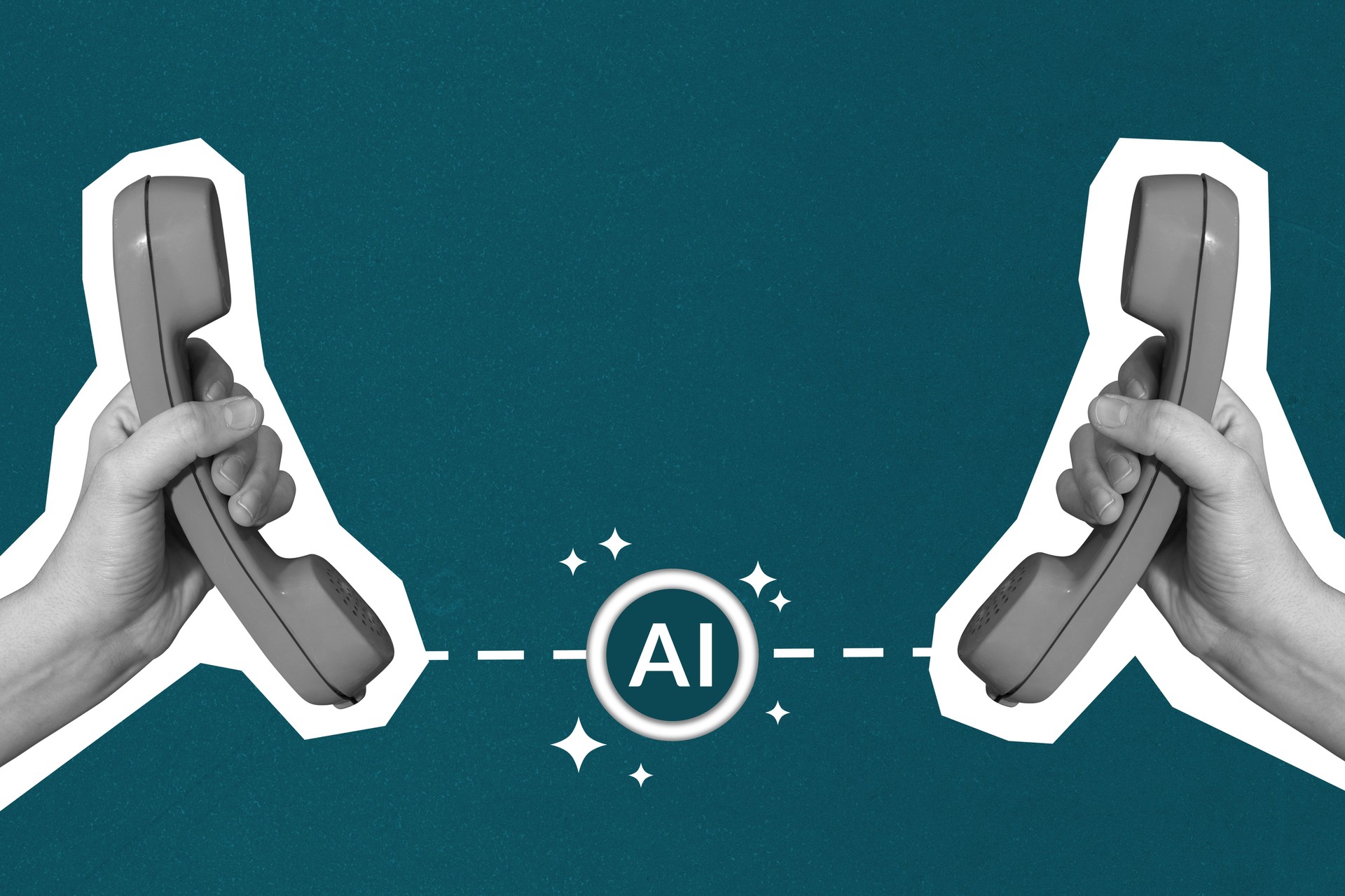 Two vintage telephone connected together with artificial intelligence technology to improve sound quality.